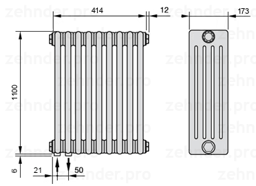 Схема (чертеж) Радиатор Zehnder Charleston 5110/9 №3370 Белый глянцевый RAL 9016